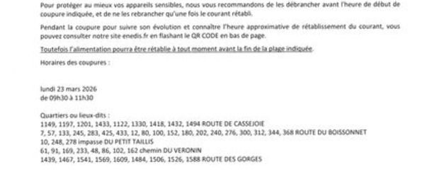 ENEDIS Coupure de courant pour travaux