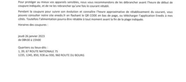 ENEDIS Coupure de courant pour travaux