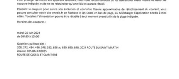 ENEDIS Coupure de courant pour travaux