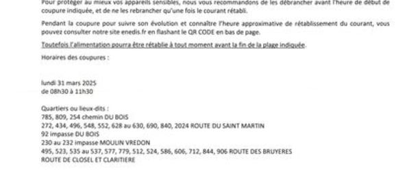 ENEDIS Coupure de courant pour travaux